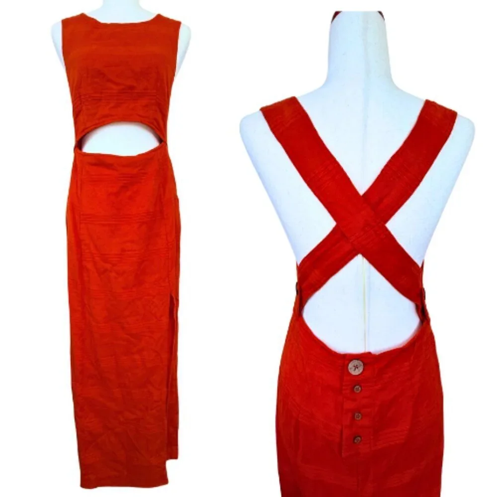 FREE PEOPLE The Simple Life Orange Peach Linen-Blend Maxi Dress Size M - Picture 2 of 12